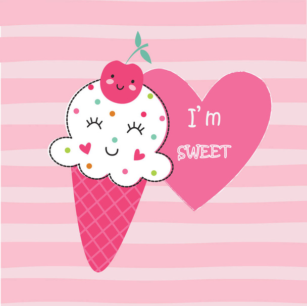 Vector illustration with funny ice cream and cherry - Vettoriali, immagini