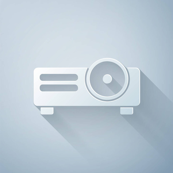 Taglio carta Presentazione, film, film, icona del proiettore multimediale isolata su sfondo grigio. Stile cartaceo. Illustrazione vettoriale - Vettoriali, immagini