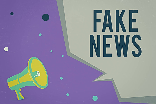 Text sign showing Fake News. Conceptual photo Giving information to showing that is not true by the media Megaphone Loudspeaker and Blank Geometric shape Half Speech Bubble. - Photo, Image