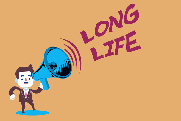 Text sign showing Long Life. Conceptual photo able to continue working for longer than others of the same kind Man in Suit Earpad Standing Moving Holding a Megaphone with Sound icon. - Photo, Image