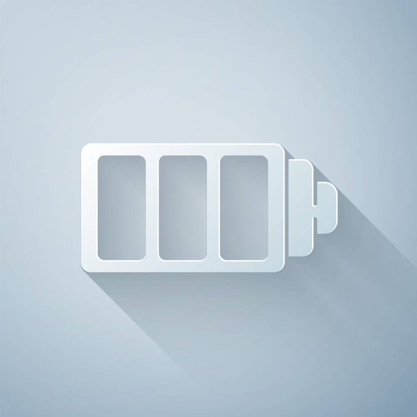 Corte de papel Icono del indicador de nivel de carga de la batería aislado sobre fondo gris. Estilo de arte de papel. Ilustración vectorial - Vector, Imagen