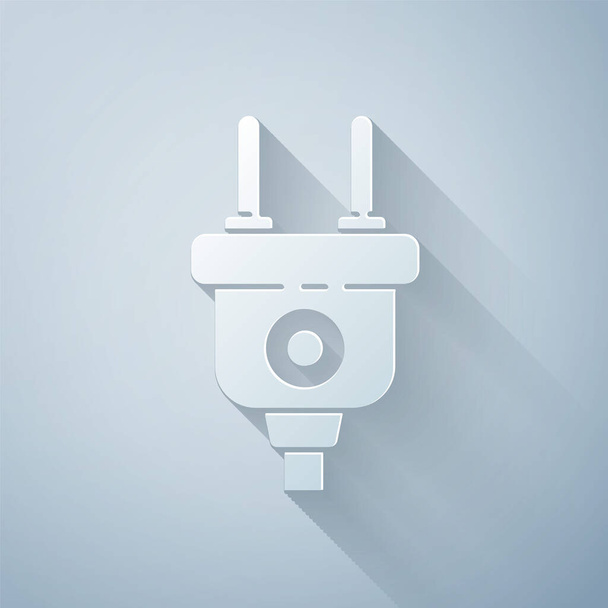 Papírvágás Elektromos dugó ikon elszigetelt szürke háttér. A villamos energia csatlakoztatásának és lekapcsolásának fogalma. Papírművészeti stílus. Vektorillusztráció - Vektor, kép