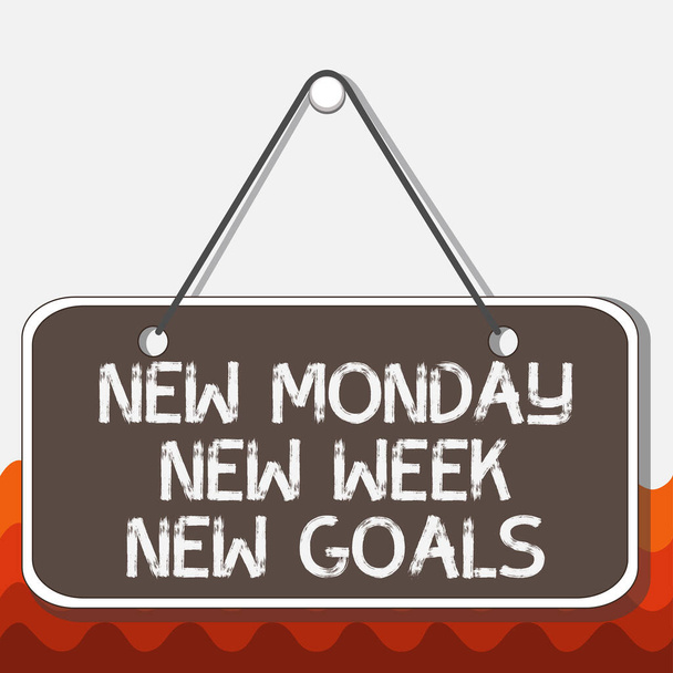 Conceptueel handschrift met New Monday New Week New Goals. Zakelijke foto presentatie afscheid weekend beginnen nieuwe doelen doelen Memo herinnering leeg bord bijgevoegde achtergrond rechthoek. - Foto, afbeelding