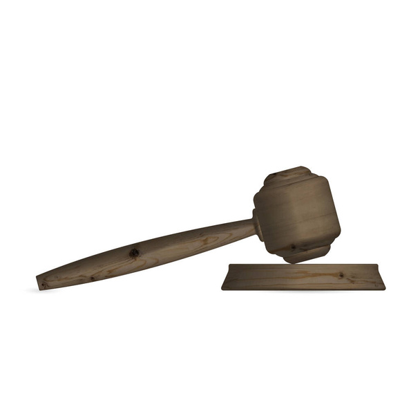 Icono de martillo, martillo de madera aislado de juez y soporte. Vista frontal, ilustración vectorial. - Vector, imagen