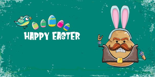 Vector rock star easter potato funny cartoon character with blue easter bunny ears isolated on turquoise horizontal banner background. rock n roll easter party poster or happy easter greeting card - Vector, Image
