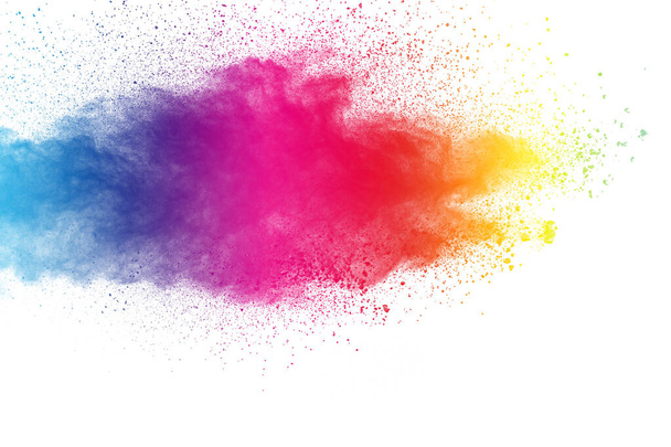 Colorful powder explosion on white background. Pastel color dust particle splashing. - Photo, Image