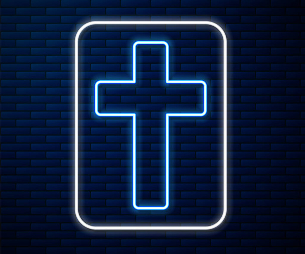 ネオンラインを輝くレンガの壁の背景に隔離されたキリスト教の十字アイコン。教会の十字架。ベクターイラスト - ベクター画像