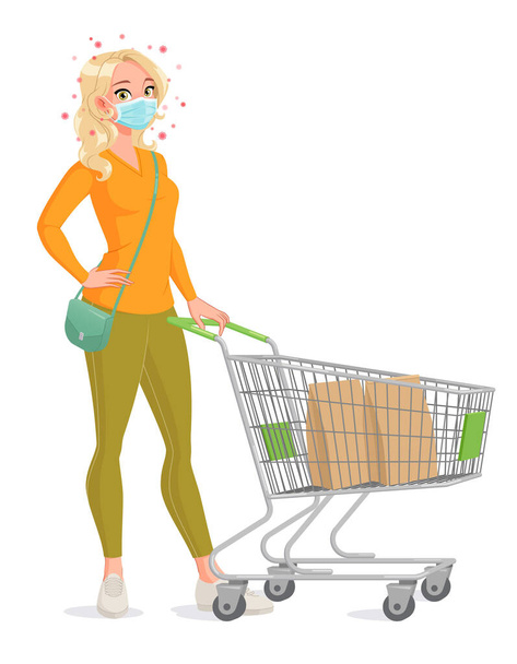 Mladá žena v ochranné masce s nákupním vozíkem. Izolovaná vektorová ilustrace. - Vektor, obrázek