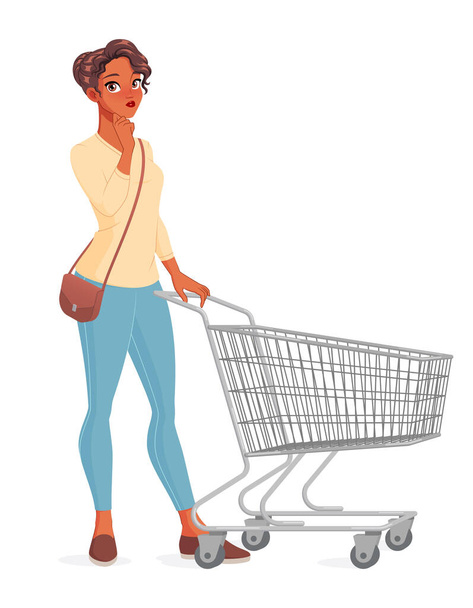 Thoughtful young woman with shopping cart. Isolated vector illustration. - Vector, Image