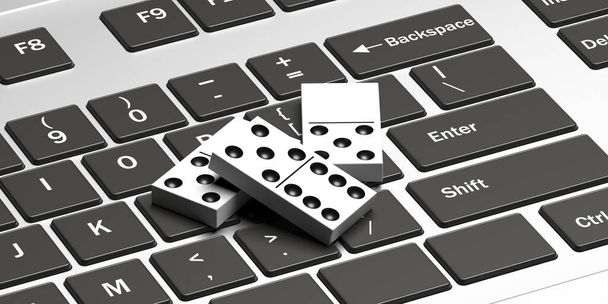 Dominoes spel online. Domino tegels op een laptop achtergrond. Domino online app spelen. 3d illustratie - Foto, afbeelding