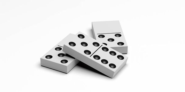 ドミノゲーム。白い背景に黒い点で隔離されたドミノタイルの白い色。ビジネスドミノ効果の概念。3Dイラスト - 写真・画像