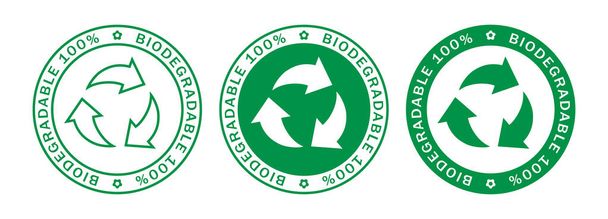 Biohajoava 100% etiketti postimerkkejä kuvakesarja. Kierrätettävä ja biohajoava pakkaus logo merkkejä eristetty valkoisella pohjalla. Vektoriesimerkki
 - Vektori, kuva