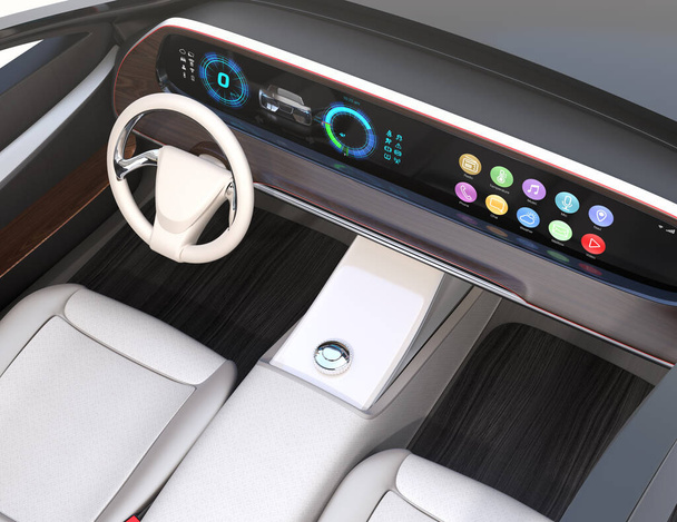 Close-up van het interieur van de zelfrijdende elektrische auto. Breed dashboard met generiek multimedia iconen ontwerp. 3D weergave beeld. - Foto, afbeelding
