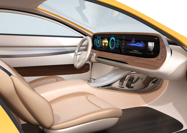 Interior del coche eléctrico autónomo equipado con una amplia pantalla multimedia digital. Diseño genérico. Imagen de renderizado 3D
. - Foto, Imagen