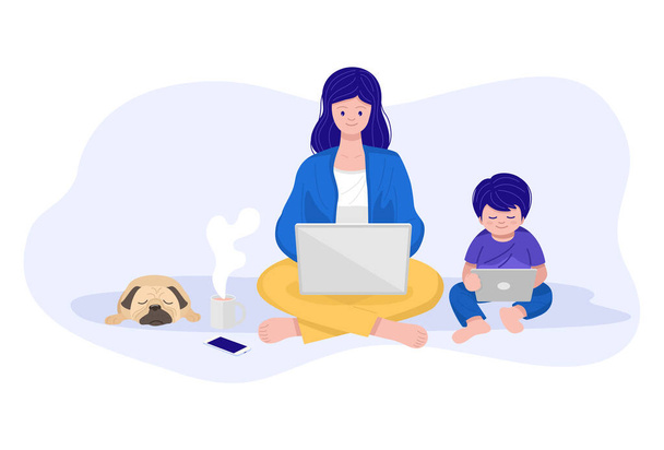 Arbeit von zu Hause aus, Mutter arbeitet am Laptop, während ihr Sohn Zeichentrickfilme guckt. Vektor - Vektor, Bild