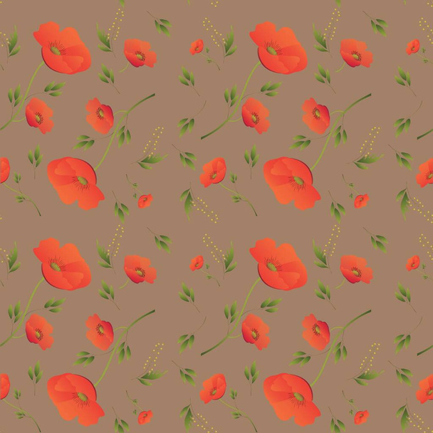 Seamless pattern. Vector illustration. Color floral print. Floral elements on colored background. Ornament from wildflowers. Print for packaging, wrapper, and fabric.Field poppies. Spring and summer plants. Beautiful and cute pattern. - Vector, Image