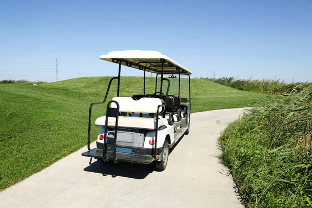 Carrinhos de golfe branco no campo de golfe verde
 - Foto, Imagem