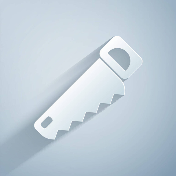 Paper cut Hand saw icon isolated on grey background. Paper art style. Vector Illustration - Διάνυσμα, εικόνα