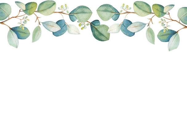 Vesiväri kukka eukalyptus lehtien runko malli. Käsin piirretty kevät ja kesä koristeellinen kuvitus. Häät, syntymäpäivä ja ystävänpäiväpiirustus. Tervehdyskortteja, kutsuja, kukka suunnittelu. Kukka koristelu
.                                  - Valokuva, kuva