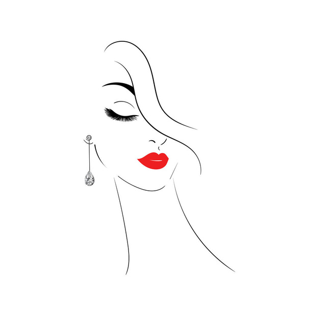 Mooie jonge vrouw met diamanten oorbellen op een witte achtergrond.Zwarte lijn vrouwelijk gezicht. Vrouwenhoofd met rode lippen.Vector stock illustratie. - Vector, afbeelding