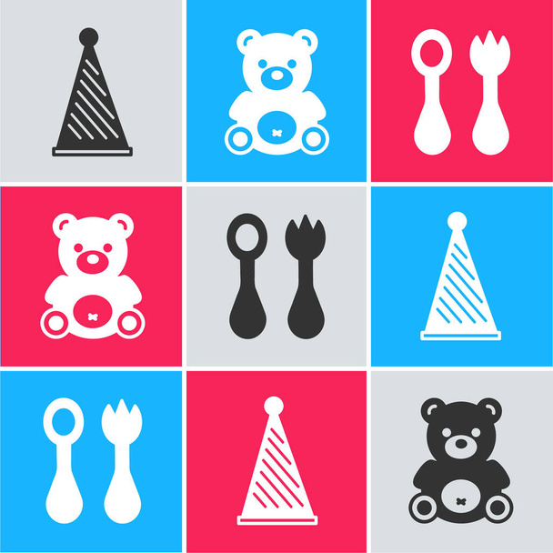 Set Party-Hut, Teddybär-Plüschtier und Baby-Besteck mit Gabel und Löffel-Symbol. Vektor - Vektor, Bild