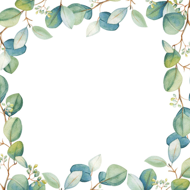 Watercolor floral eucalyptus leaf frame template. Hand drawn spring and summer decorative illustration. Wedding, birthday and Valentine drawing. For greeting cards, invitations, floral design. Flower decoration.                                  - Valokuva, kuva