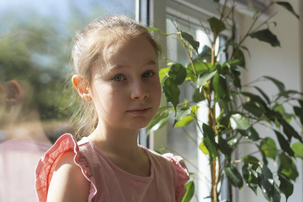 Small girl looking at window. Little girl portrait, education. - Foto, Bild