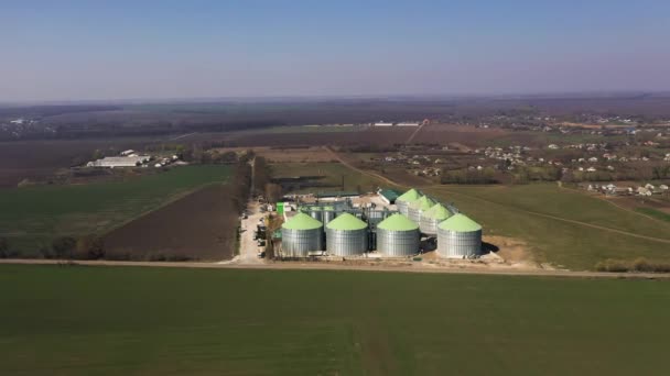 Luchtfoto van de zilversilo 's van landbouwfabrieken voor het drogen en opslaan van landbouwproducten, meel, granen en graan - Video