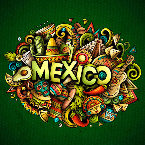 Meksiko käsin piirretty sarjakuva doodles kuvitus. Hauska muotoilu. - Valokuva, kuva