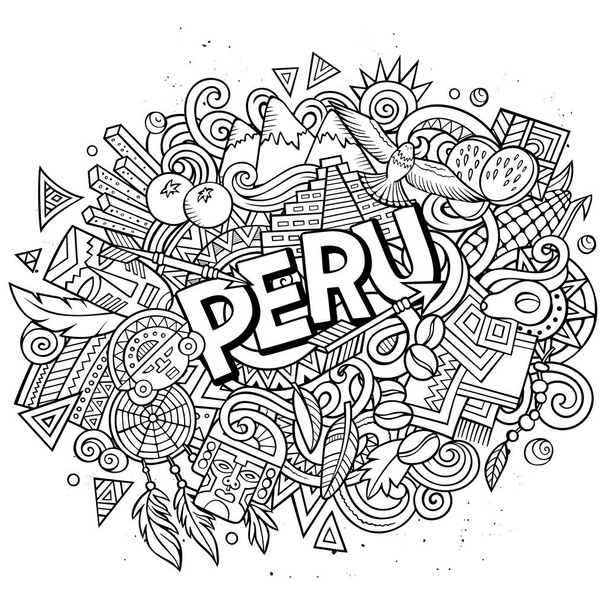 ペルー手描きの漫画の落書きイラスト。面白いデザイン. - 写真・画像