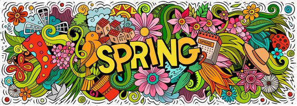 İlkbahar çizimi karikatür çizimi. Renkli raster pankartı - Fotoğraf, Görsel
