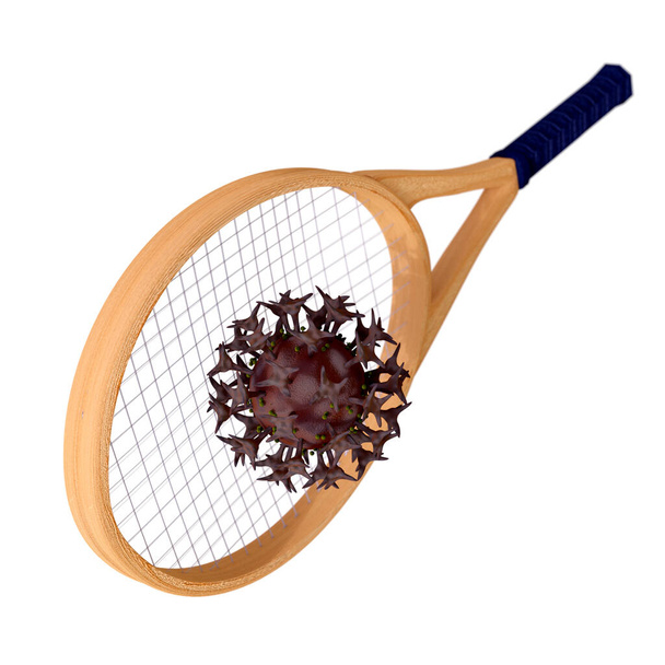 Tennisracket en viruscel. 3D illustratie op de witte achtergrond. - Foto, afbeelding