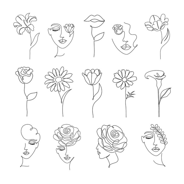 fiori e donne in uno stile di disegno linea
 - Vettoriali, immagini