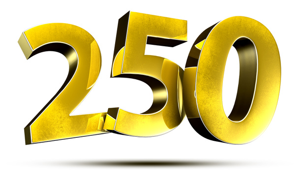3D иллюстрация Числа 250 Золото изолированы на белом фоне. (with Clipping Path
) - Фото, изображение