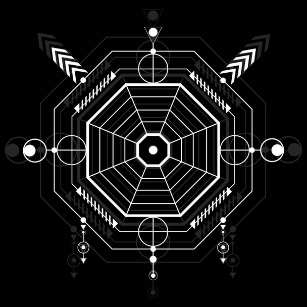 Modern szent geometria körvonalazza formák fekete háttér. Szent misztikus jelek sorakoznak fel. Illusztráció fehér vonalak alakja. Használható háttér, póló, mágikus kézműves. - Vektor, kép