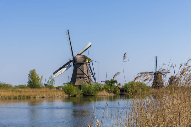 Widok z powietrza na stary holenderski tradycyjny wiatrak na wsi w Holandii z groblą, kanałami, mostem i polami. - Zdjęcie, obraz