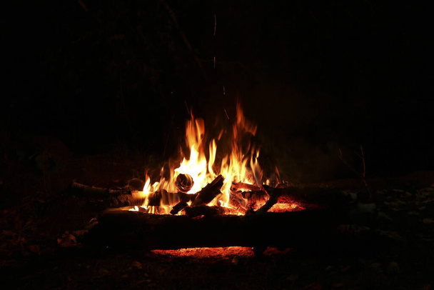 Lagerfeuer am Fluss im Wald in der Nacht. Romantischer Abend. - Foto, Bild
