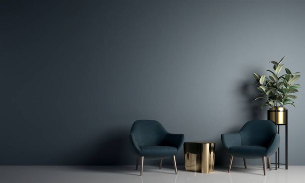 Sala de estar moderna y pared azul textura fondo diseño interior / 3D renderizado - Foto, imagen
