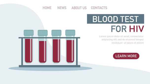 Flat vector illustration of blood tests with text blood test for HIV isolated on blue background. Template for website, landing page, banner - Vector, Image