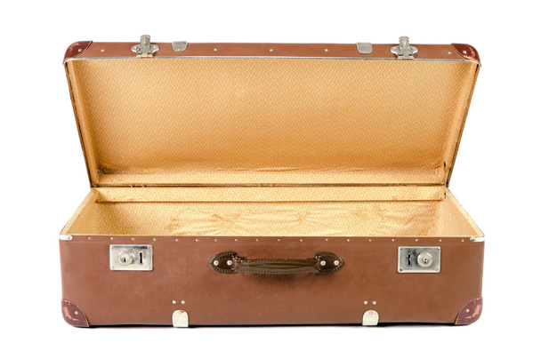 old suitcase open before white background - Фото, изображение