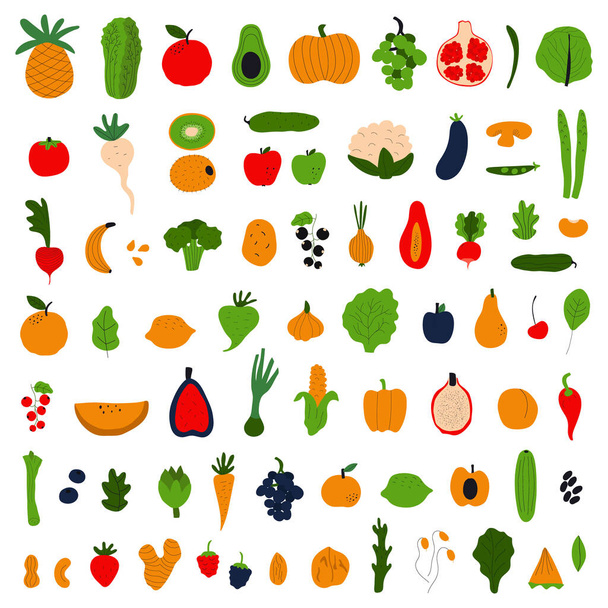 Koncepcja zdrowej żywności. Kolorowa duża kolekcja z owocami i warzywami. Ilustracja wektora płaskiego. - Wektor, obraz