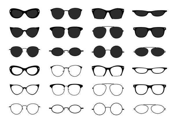 Glasses collection. Geek eyeglasses and sunglasses. Black spectacles silhouette. Vector fashion eyewear icon set - Vector, Image