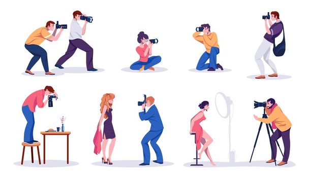 Photographers and models. Paparazzi bloggers journalists and professional photographers shooting photos posing at camera. Vector content making concept - Vector, Image