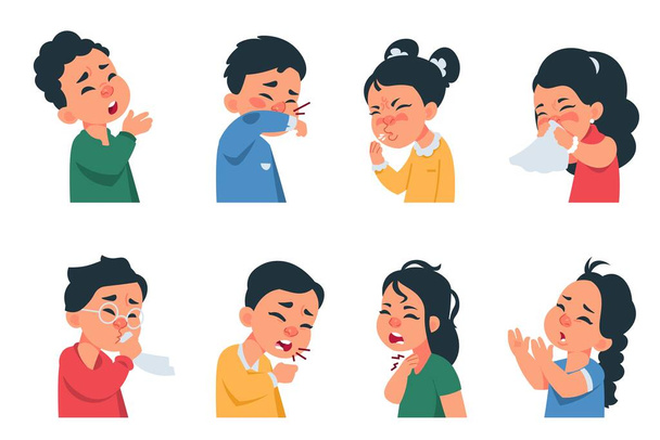 Sneezing kids. Cartoon boys and girls characters coughing and catching flu, coronavirus disease symptoms and prevention concept. Vector kids infection - Vector, Image