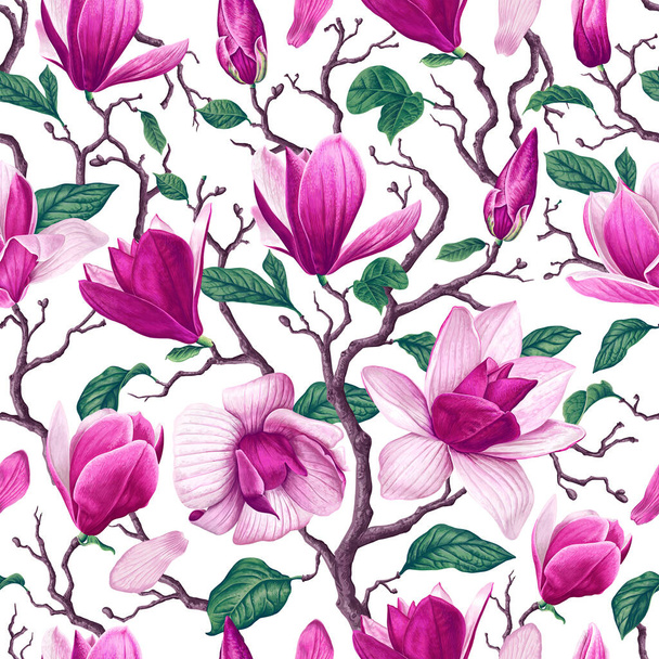 ピンクのマグノリアの花、葉、花弁が白い背景にある花のシームレスなパターン。ファブリック、テキスタイルプリント、グリーティングカード、結婚式の招待状のための高現実的なベクトル、春の花. - ベクター画像