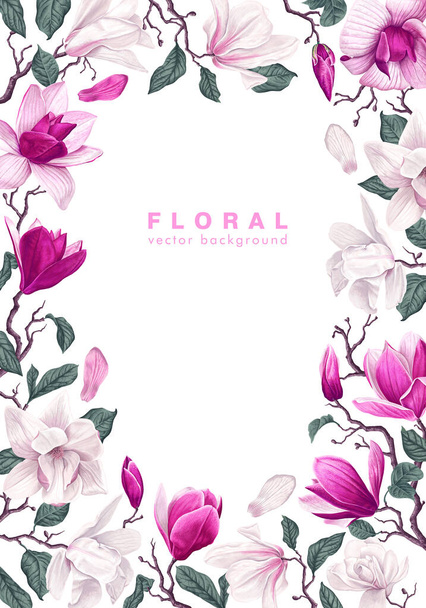 Spring vertical backdrop with white and pink realistic magnolia flowers, leaves and petals. High detailed vector branches isolated on white background for greeting cards, sesonal sale banner template. - Vector, Imagen