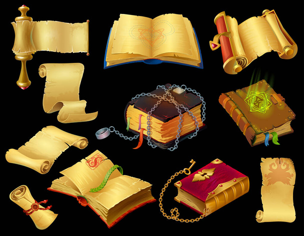 Βιβλία κινουμένων σχεδίων και πάπυροι. Παιχνίδι εικόνες UI του αρχαίου μεσαιωνικού πάπυρου και μαγεία φαντασία ξόρκι. Σύνολο διανυσματικών κινητών και παιχνιδιών ηλεκτρονικών υπολογιστών - Διάνυσμα, εικόνα