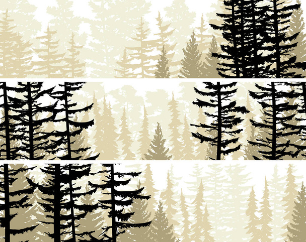 Horizontale Banner mit Blick aus dem Nadelwald mit Tannenstämmen und Baumwipfeln. - Vektor, Bild