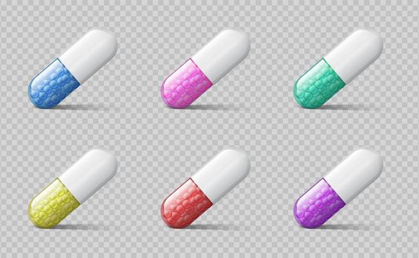 Verschiedene Pillen. Farbige medizinische Kapuzen. Realistische 3D-Medikamente. Gesundheitsapotheke Vitamine oder Tabletten - Vektor, Bild