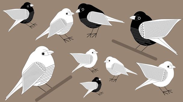 Black and white paper style birds on branches. Vectors - Vettoriali, immagini
